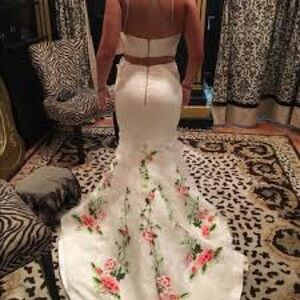 Sherri Hill Cream and Yellow Embellished Crop Top and skirt  mermaid Train